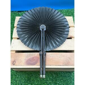 Antique Victorian Folding Cockade Fan - Black Pleated Silk with Leather Handles
